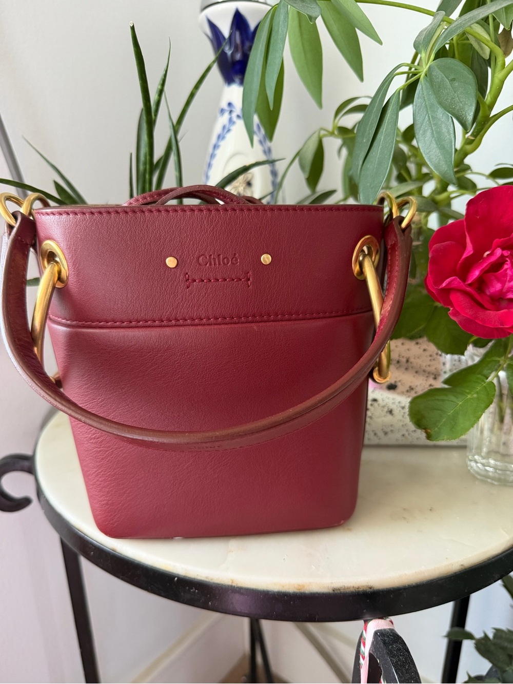 Chloé Burgundy Leather Bucket Bag